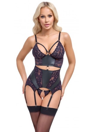 Somptueuse guêpière dentelle violette wetlook et string