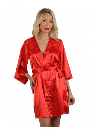 Peignoir kimono satin dentelle rouge