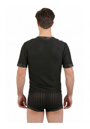 T Shirt noir rayé transparence et Wetlook Zip devant Homme