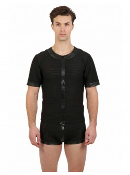 T Shirt noir rayé transparence et Wetlook Zip devant Homme