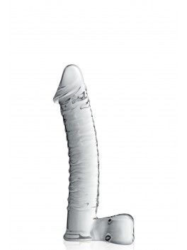Gode avec testicules en Verre transparent 21.5cmx3.8 N°15