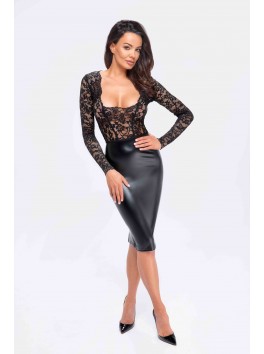 Robe moulante dentelle wetlook manches longues F295