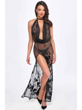 Robe longue transparente flocage fleurs dos ouvert F312