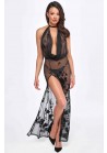 Robe longue transparente flocage fleurs dos ouvert F312